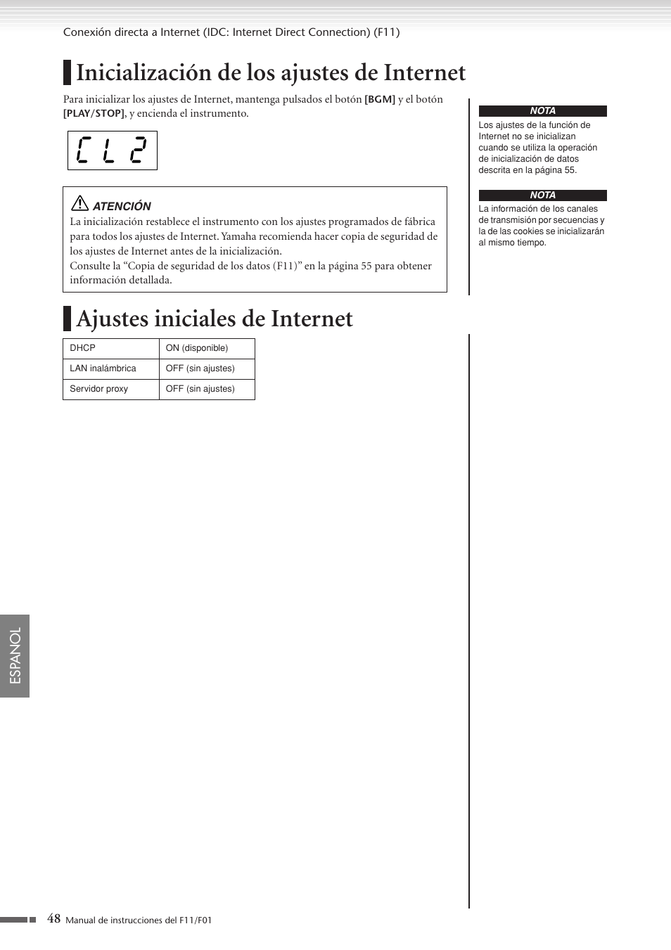 Inicialización de los ajustes de internet, Ajustes iniciales de internet | Yamaha F11 User Manual | Page 48 / 78