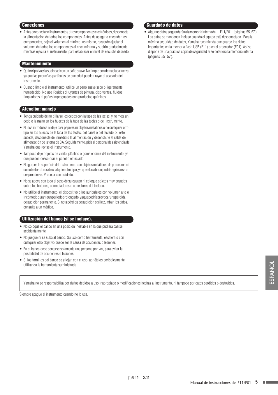 Esp anol | Yamaha F11 User Manual | Page 5 / 78