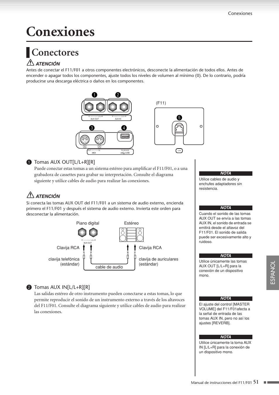 Conexiones, Conectores, P. 51 | Esp anol | Yamaha F11 User Manual | Page 51 / 78