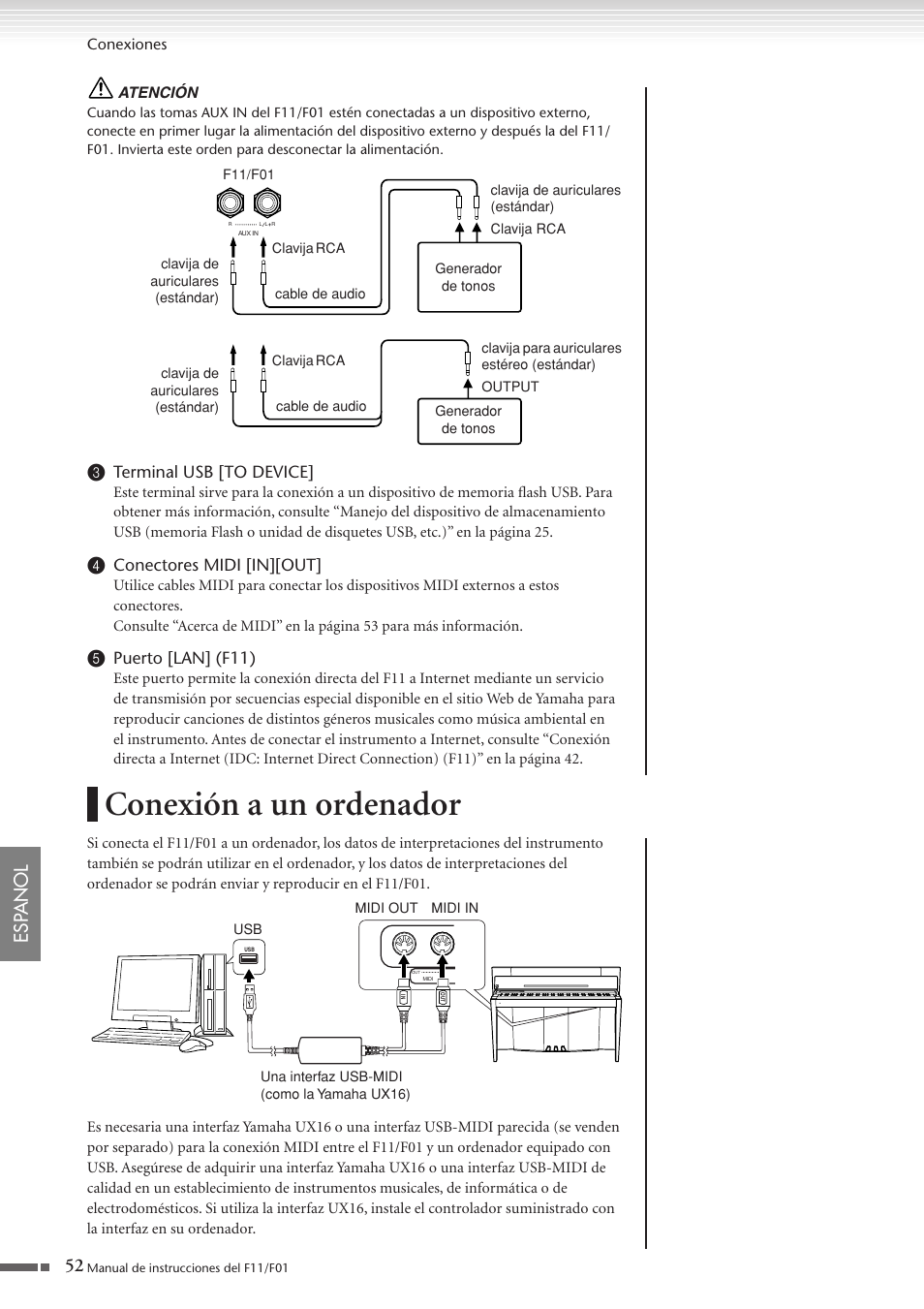 Conexión a un ordenador, P. 52, 52 esp anol | Yamaha F11 User Manual | Page 52 / 78