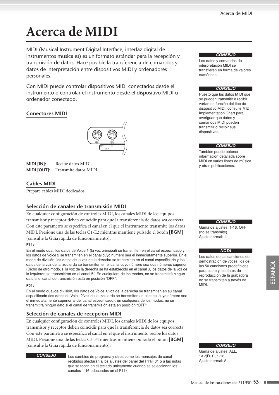 Acerca de midi, Esp anol | Yamaha F11 User Manual | Page 53 / 78