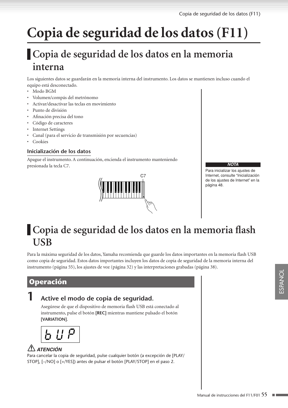 Copia de seguridad de los datos (f11), Copia de seguridad de los datos en la memoria, Interna | Flash usb, Operación | Yamaha F11 User Manual | Page 55 / 78