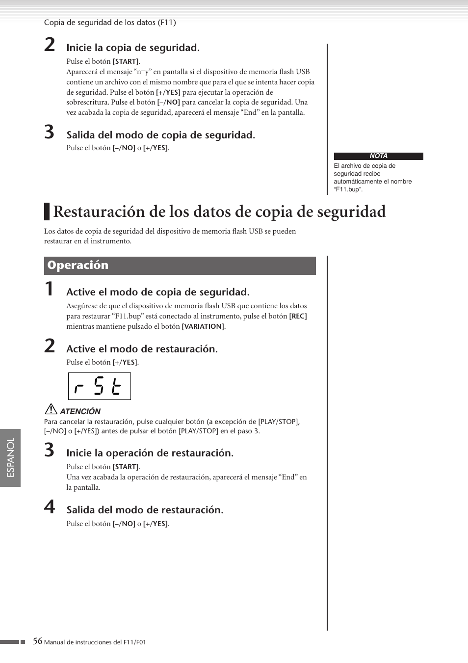 Restauración de los datos de copia de seguridad, Restauración de los datos de copia, De seguridad | Operación | Yamaha F11 User Manual | Page 56 / 78
