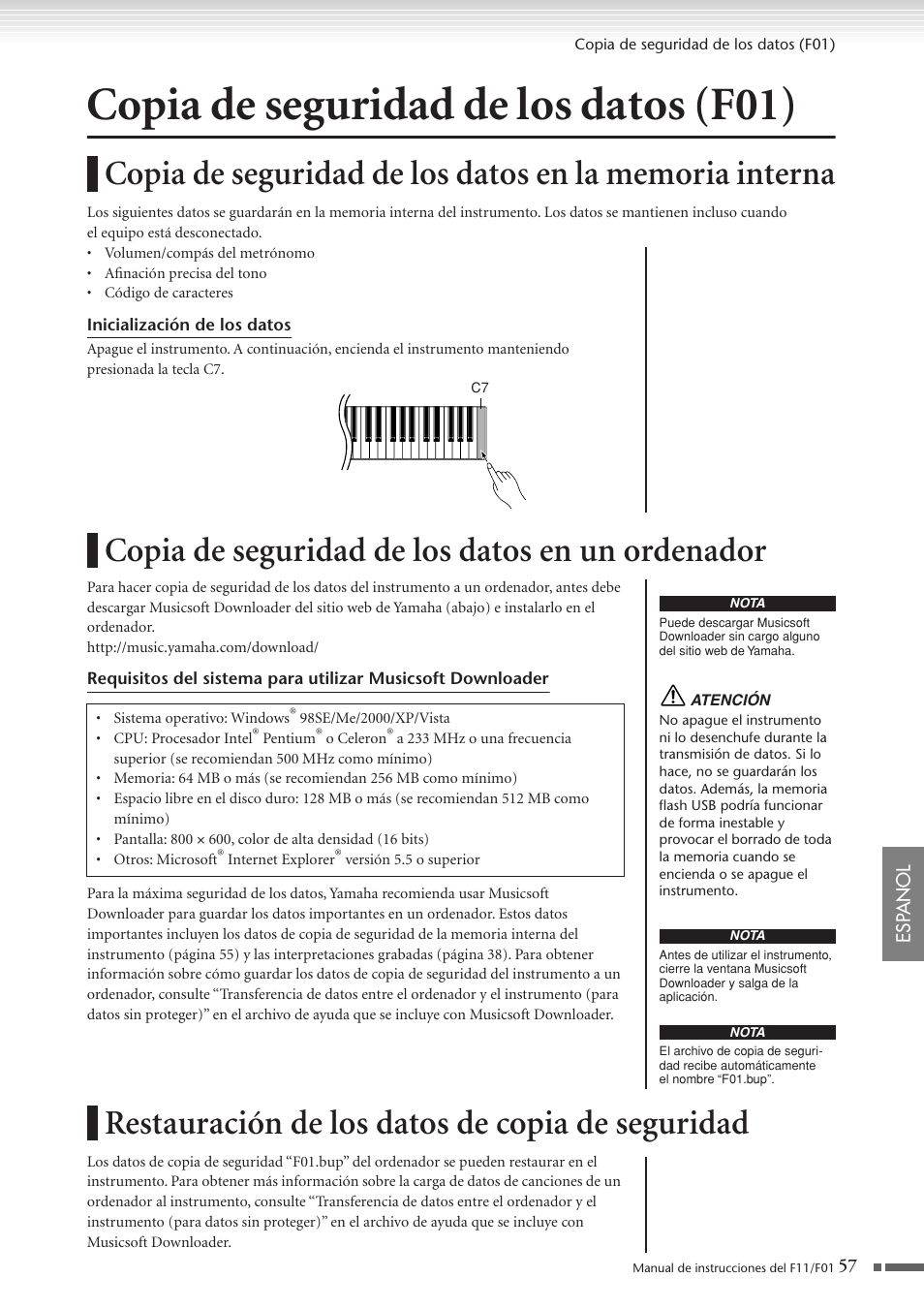 Copia de seguridad de los datos (f01), Copia de seguridad de los datos en un ordenador, Restauración de los datos de copia de seguridad | Copia de seguridad de los datos en la memoria, Interna, Copia de seguridad de los datos en, Un ordenador, Restauración de los datos de copia, De seguridad | Yamaha F11 User Manual | Page 57 / 78