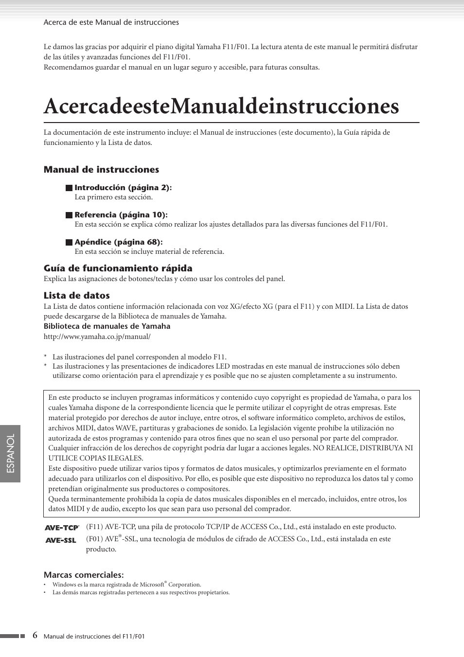 Acerca de este manual de instrucciones | Yamaha F11 User Manual | Page 6 / 78