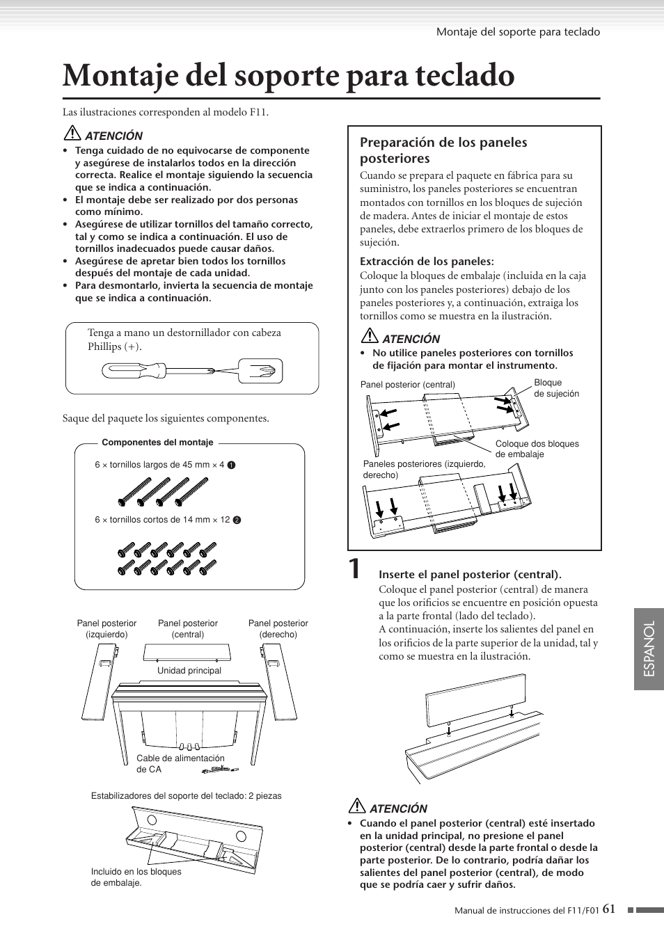 Montaje del soporte para teclado, Esp anol, Preparación de los paneles posteriores | Yamaha F11 User Manual | Page 61 / 78