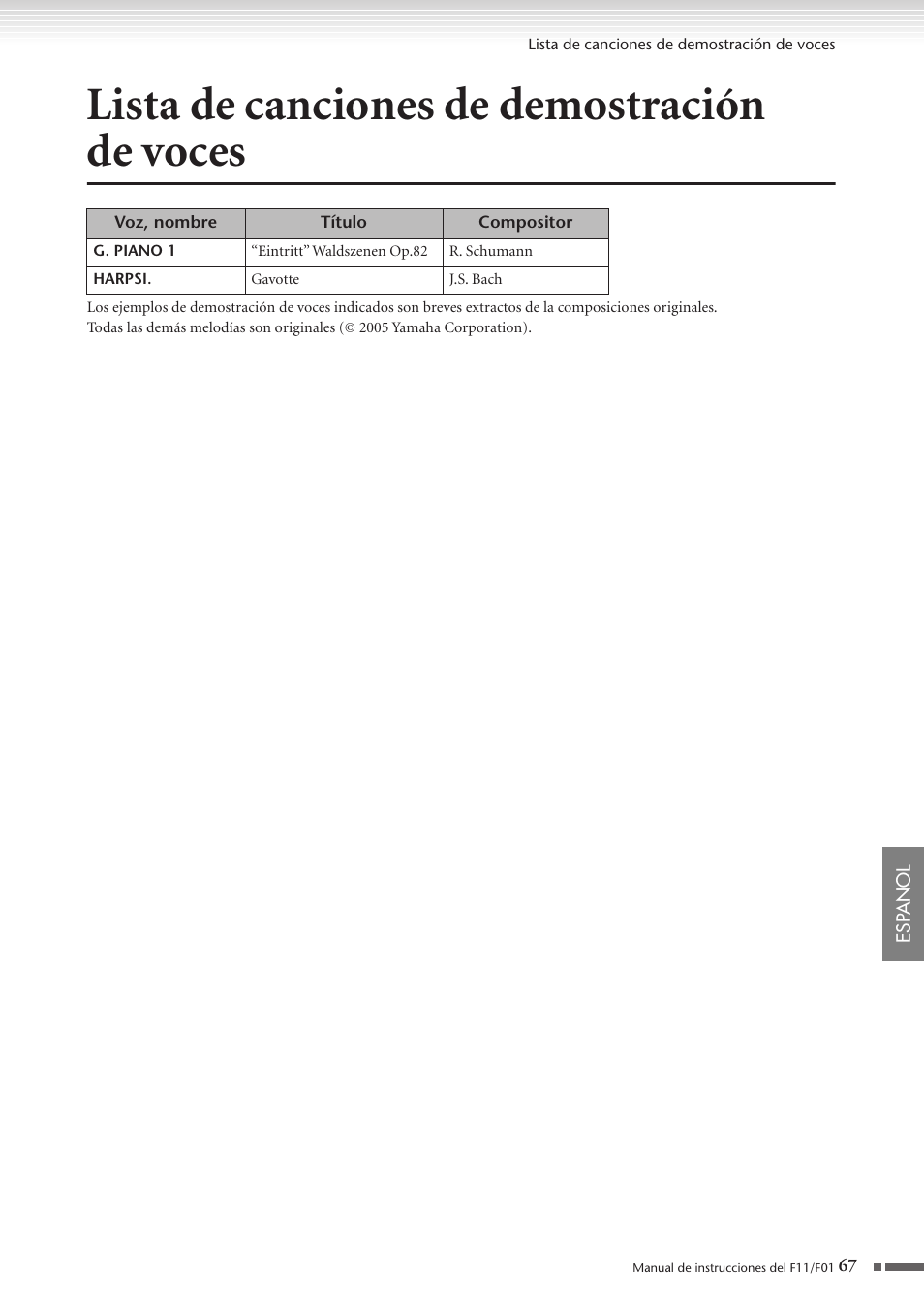Lista de canciones de demostración de voces, Lista de canciones de demostración, De voces | Yamaha F11 User Manual | Page 67 / 78