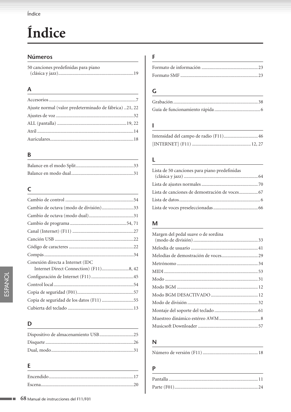 Índice | Yamaha F11 User Manual | Page 68 / 78