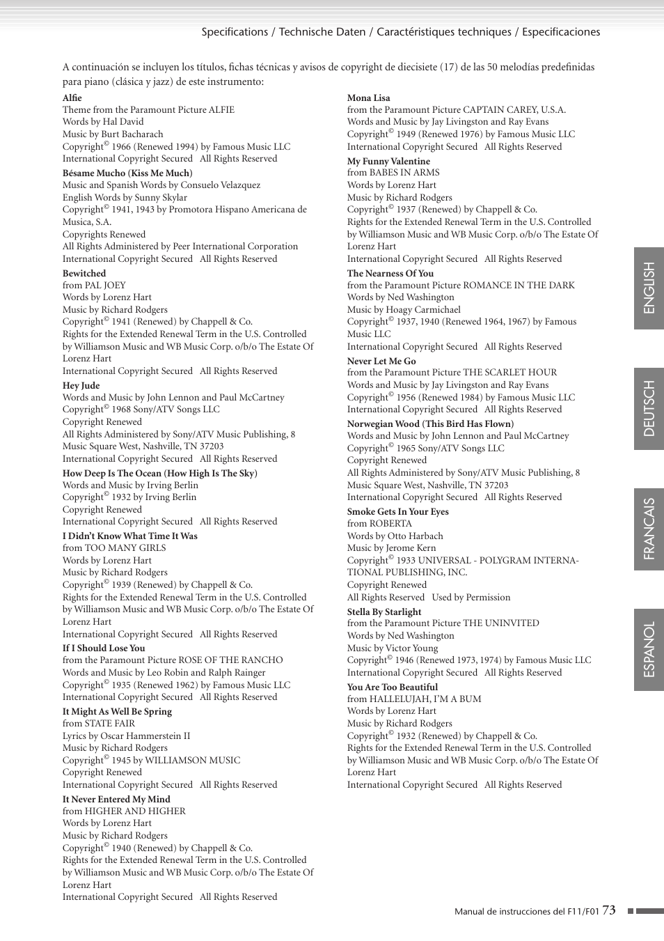 English deutsch francais esp anol | Yamaha F11 User Manual | Page 73 / 78
