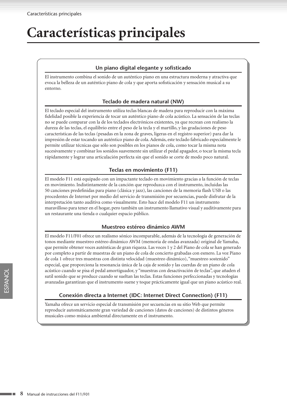 Características principales | Yamaha F11 User Manual | Page 8 / 78
