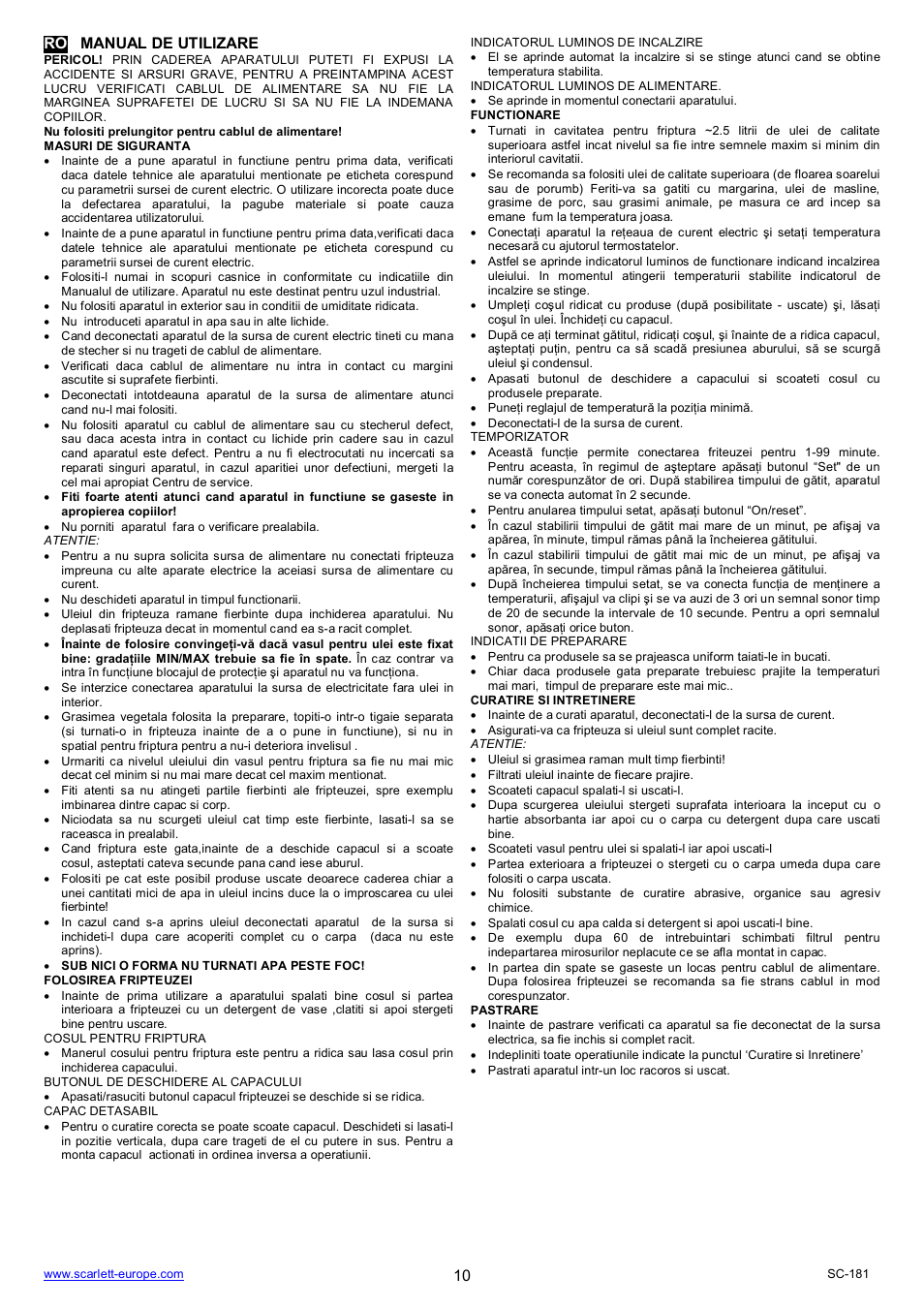 10 ro manual de utilizare | Scarlett SC-181 User Manual | Page 10 / 19