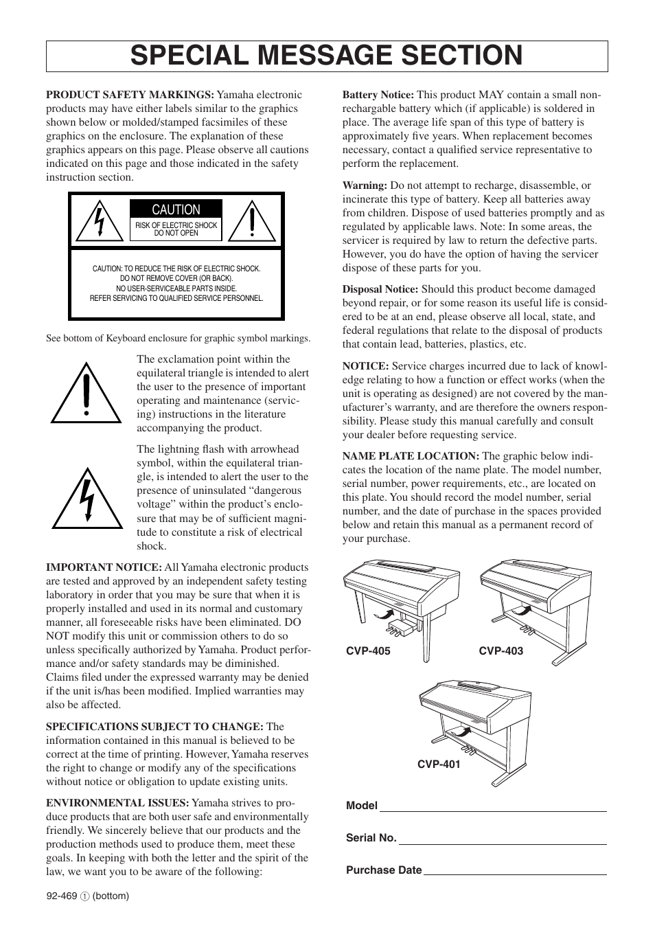 Caution | Yamaha CVP-405 EN User Manual | Page 2 / 226