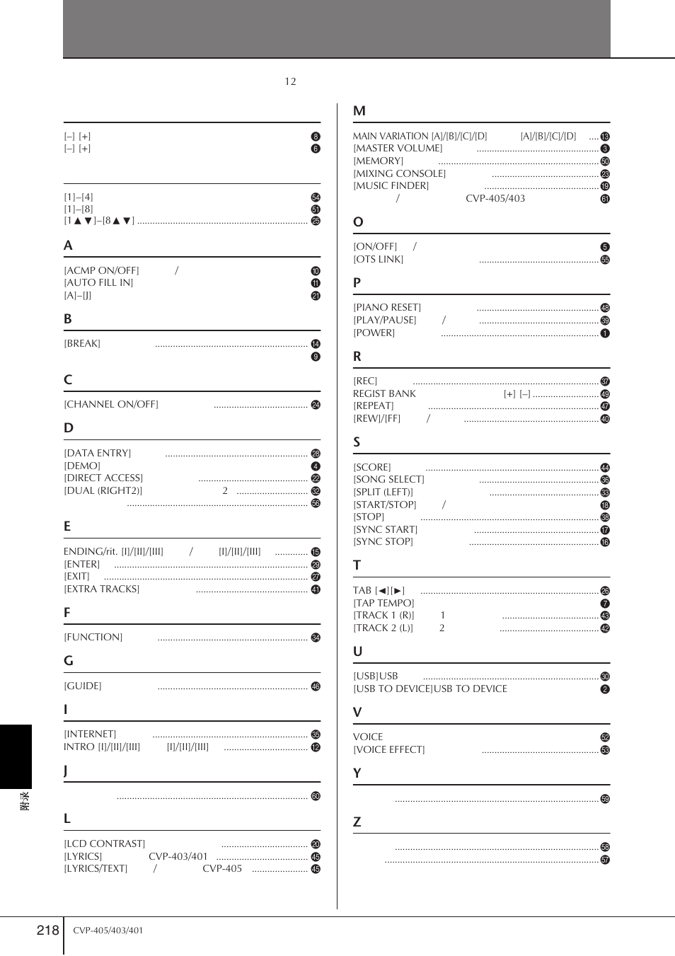 面板按钮表 | Yamaha CVP-405 EN User Manual | Page 218 / 226