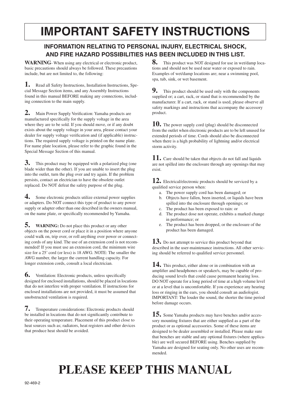 Please keep this manual, Important safety instructions | Yamaha CVP-405 EN User Manual | Page 222 / 226