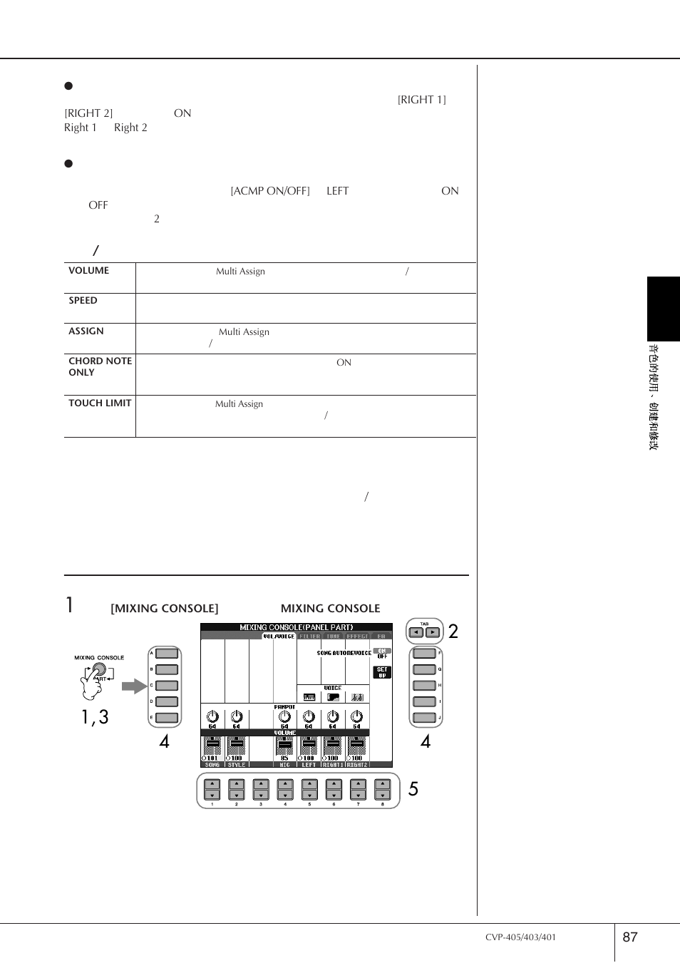 修改音量和音调平衡（混音台, 基本步骤 | Yamaha CVP-405 EN User Manual | Page 87 / 226