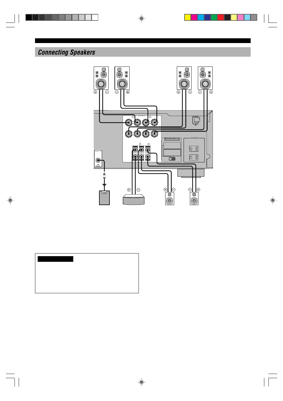 14 connecting speakers, Main speaker terminals, Rear speaker terminals | Center speaker terminal, A center speaker can be connected to this terminal | Yamaha HTR-5230 User Manual | Page 18 / 61