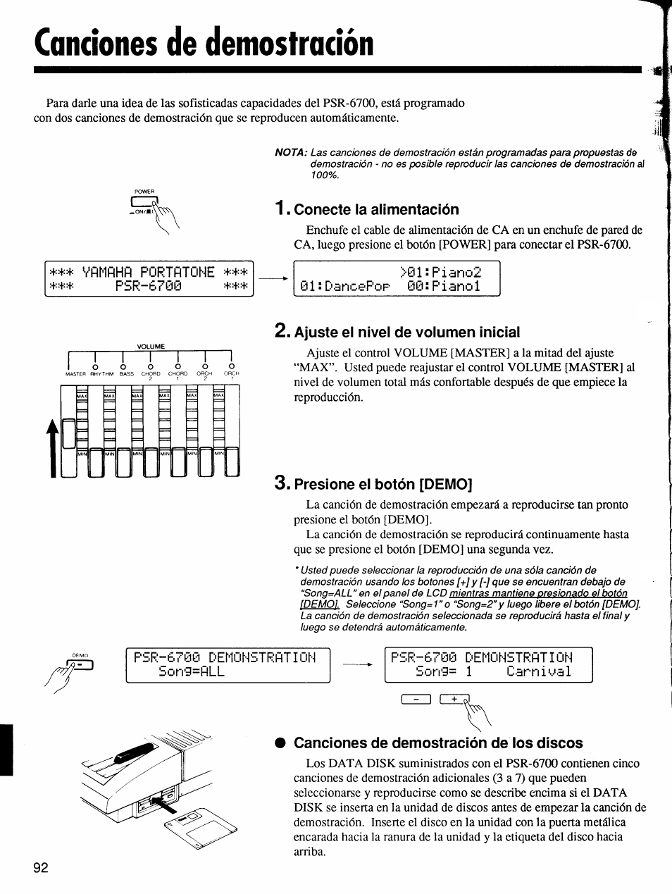 Canciones de demostración, Conecte la alimentación, Ajuste el nivel de volumen inicial | Presione el botón [demo, Canciones de demostración de los discos | Yamaha Protatone PSR-6700 User Manual | Page 10 / 42