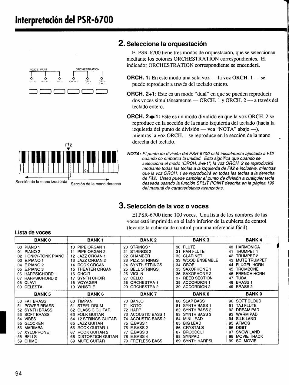Seleccione la orquestación, Lista de voces, Selección de la voz o voces | Interpretación del psr-6700, Zd czd czz) (zzi czd (zzi | Yamaha Protatone PSR-6700 User Manual | Page 12 / 42