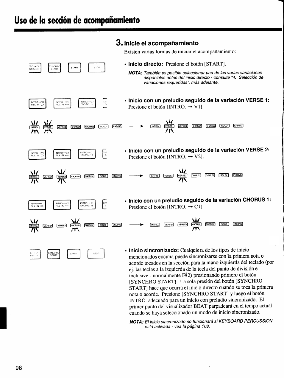 Inicíe el acompañamiento, T\ n, Vi/ vi | Uso de la sección de acompañamiento, Existen varias formas de iniciar el acompañamiento, Inicio directo: presione el botón [start | Yamaha Protatone PSR-6700 User Manual | Page 16 / 42