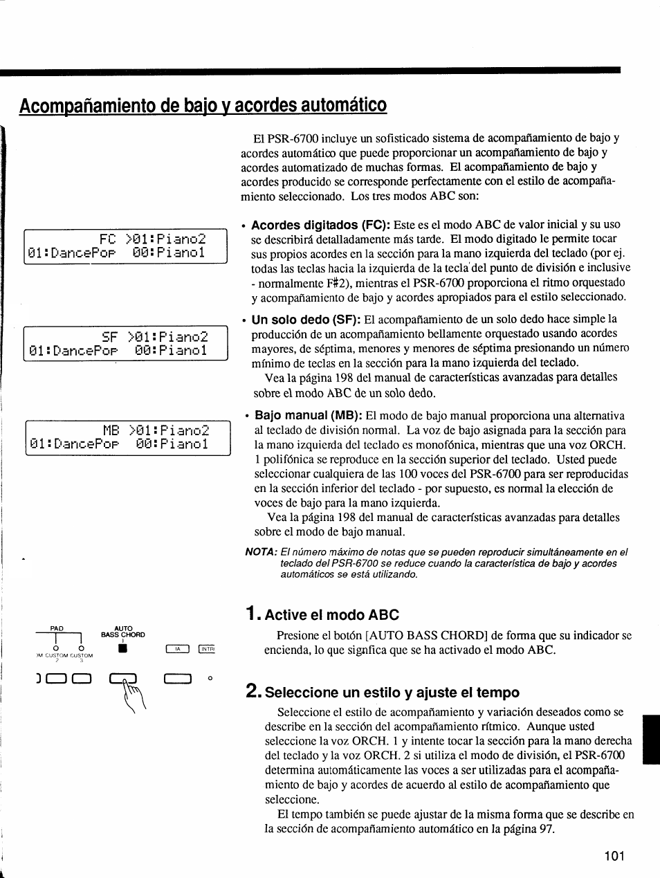 Active el modo abc, Seleccione un estilo y ajuste ei tempo | Yamaha Protatone PSR-6700 User Manual | Page 19 / 42