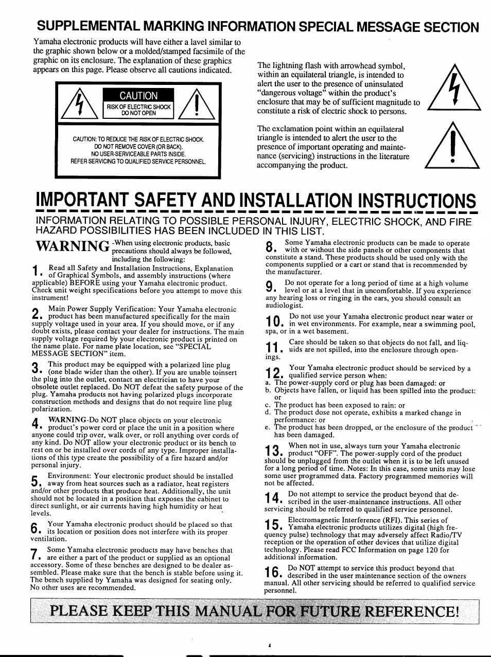 Important safety and installation instructions, Please keep this manual for future reference | Yamaha Protatone PSR-6700 User Manual | Page 2 / 42