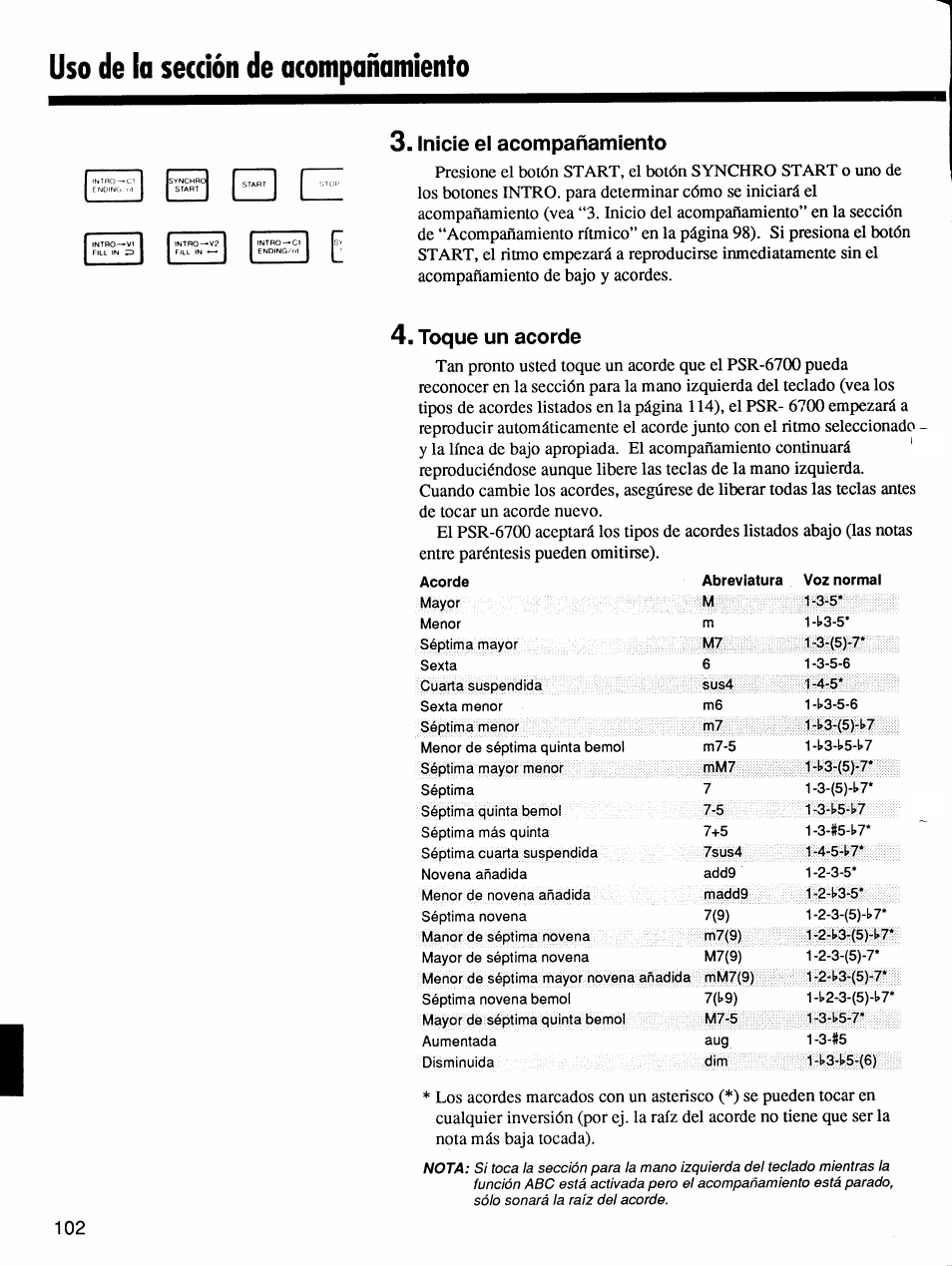 Inicie el acompañamiento, Toque un acorde, Uso de la sección de acompañamiento | Yamaha Protatone PSR-6700 User Manual | Page 20 / 42