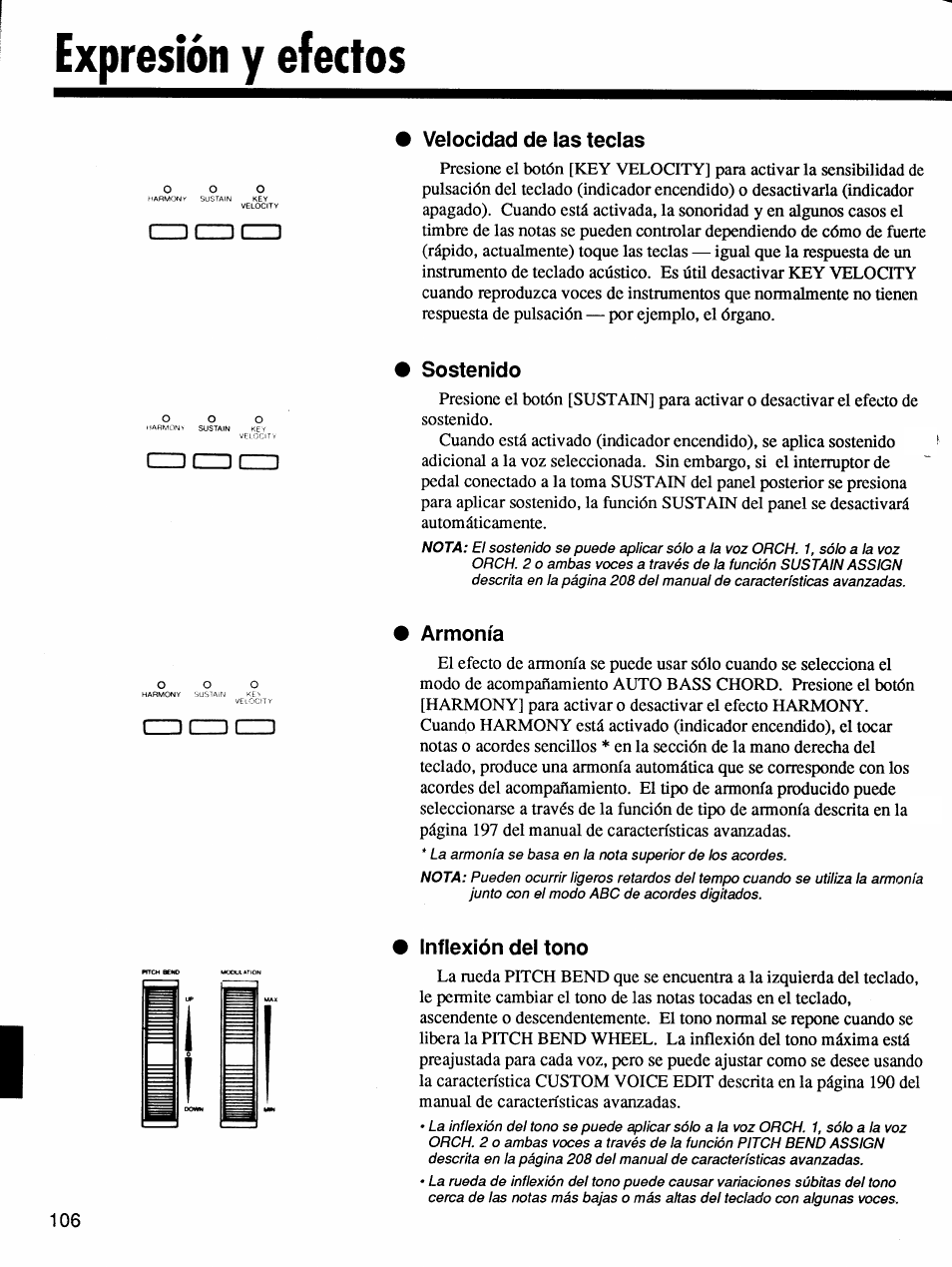 Expresión y efectos, Velocidad de las teclas, Sostenido | Armonía, Inflexión del tono | Yamaha Protatone PSR-6700 User Manual | Page 24 / 42