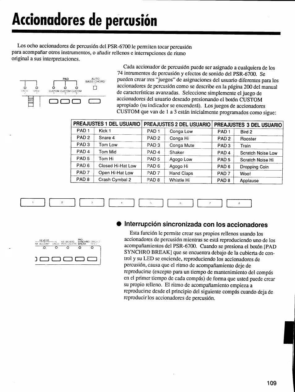 Accíonadores de percusión, Interrupción sincronizada con los accíonadores, Accionadores de percusión | Yamaha Protatone PSR-6700 User Manual | Page 27 / 42