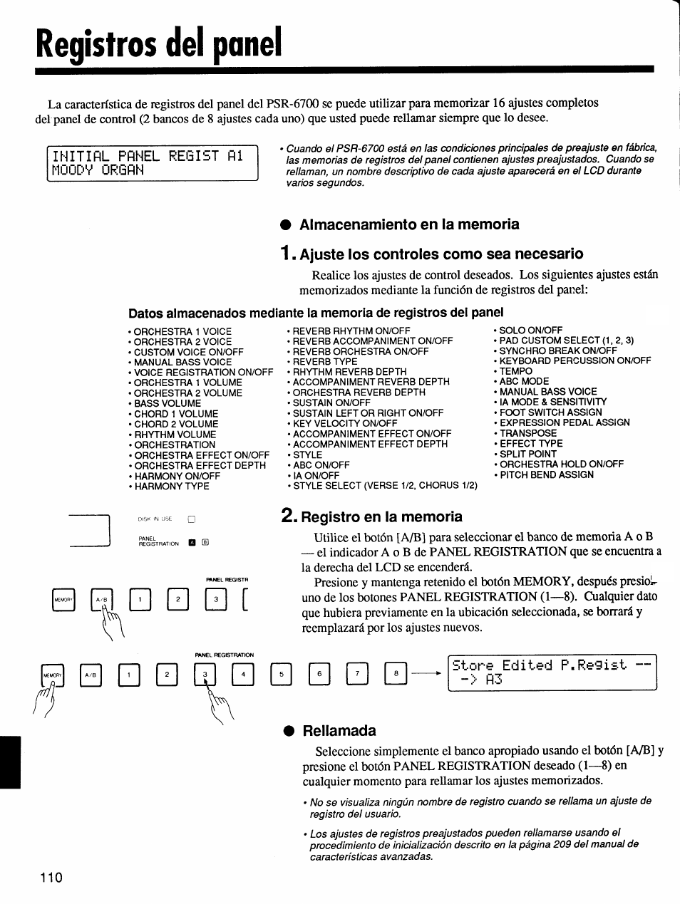 Registros del panel, Registro en la memoria, Rellamada | Initial panel reibist noodv organ al, Store edited p.re9ist | Yamaha Protatone PSR-6700 User Manual | Page 28 / 42