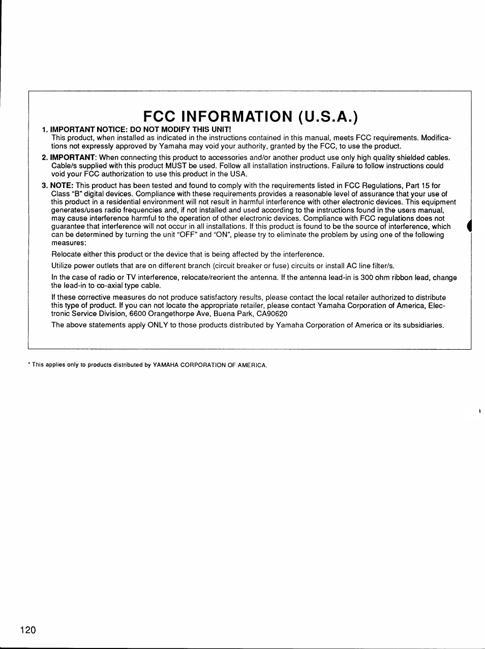 Fcc information (u.s.a.), Important notice: do not modify this unit | Yamaha Protatone PSR-6700 User Manual | Page 38 / 42