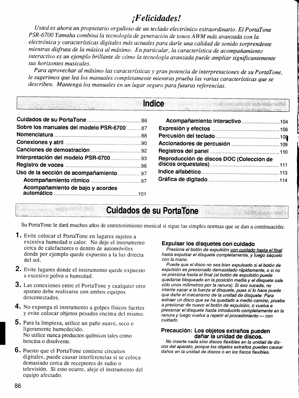 Felicidades, Indice, Cuidados de su portatone | Yamaha Protatone PSR-6700 User Manual | Page 4 / 42