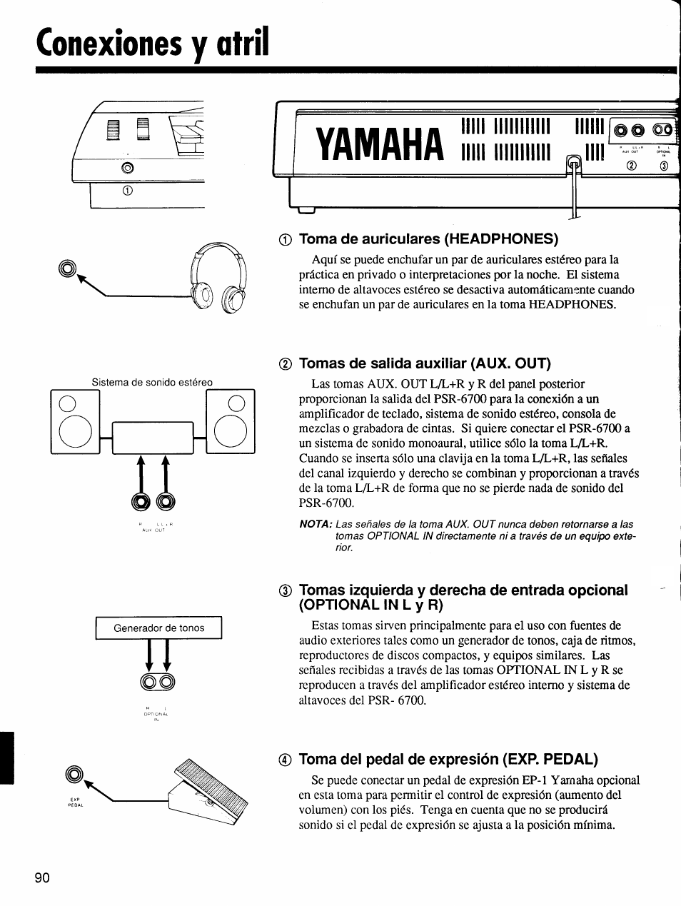 Conexiones y atril, Toma de auriculares (headphones), Tomas de salida auxiliar (aux. out) | Toma del pedal de expresión (exp. pedal), Í (d (d | Yamaha Protatone PSR-6700 User Manual | Page 8 / 42