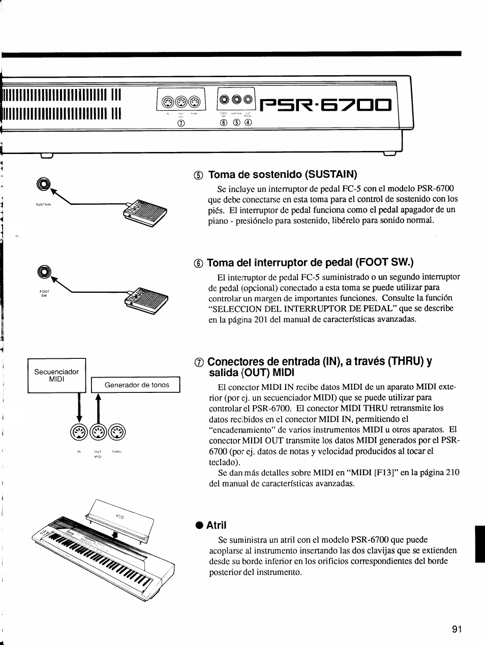 Toma de sostenido (sustain), D toma del interruptor de pedal (foot sw.), Atril | Yamaha Protatone PSR-6700 User Manual | Page 9 / 42