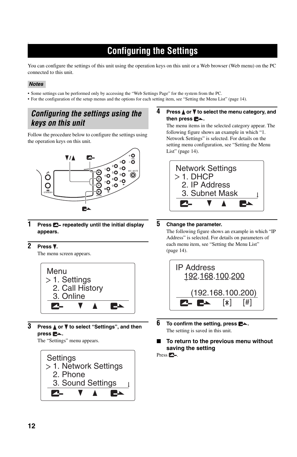 Configuring the settings, Configuring the settings using the keys, On this unit | Yamaha PJP-50R User Manual | Page 17 / 53