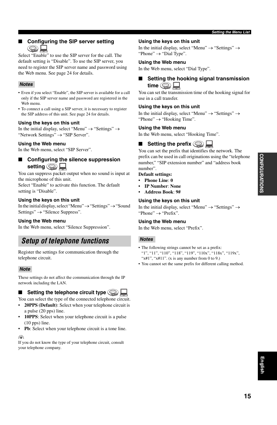 Configuring the sip server setting, Configuring the silence suppression setting, Setup of telephone functions | Setting the telephone circuit type, Setting the hooking signal transmission time, Setting the prefix | Yamaha PJP-50R User Manual | Page 20 / 53
