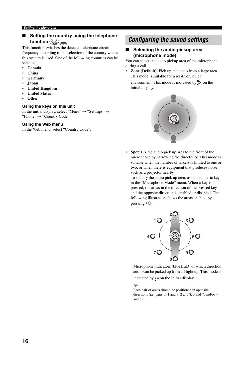 Setting the country using the telephone function, Configuring the sound settings, Selecting the audio pickup area (microphone mode) | Yamaha PJP-50R User Manual | Page 21 / 53