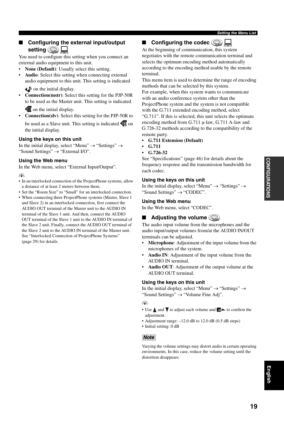 Configuring the external input/output setting, Configuring the codec, Adjusting the volume | Yamaha PJP-50R User Manual | Page 24 / 53