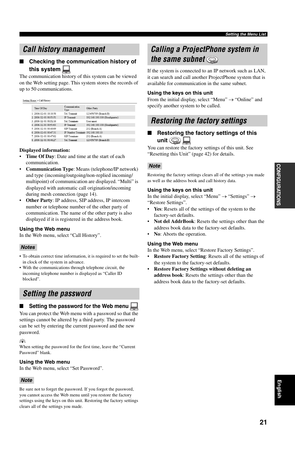 Call history management, Checking the communication history of this system, Setting the password | Setting the password for the web menu, Calling a projectphone system in the same subnet, Restoring the factory settings, Restoring the factory settings of this unit, In the same subnet | Yamaha PJP-50R User Manual | Page 26 / 53