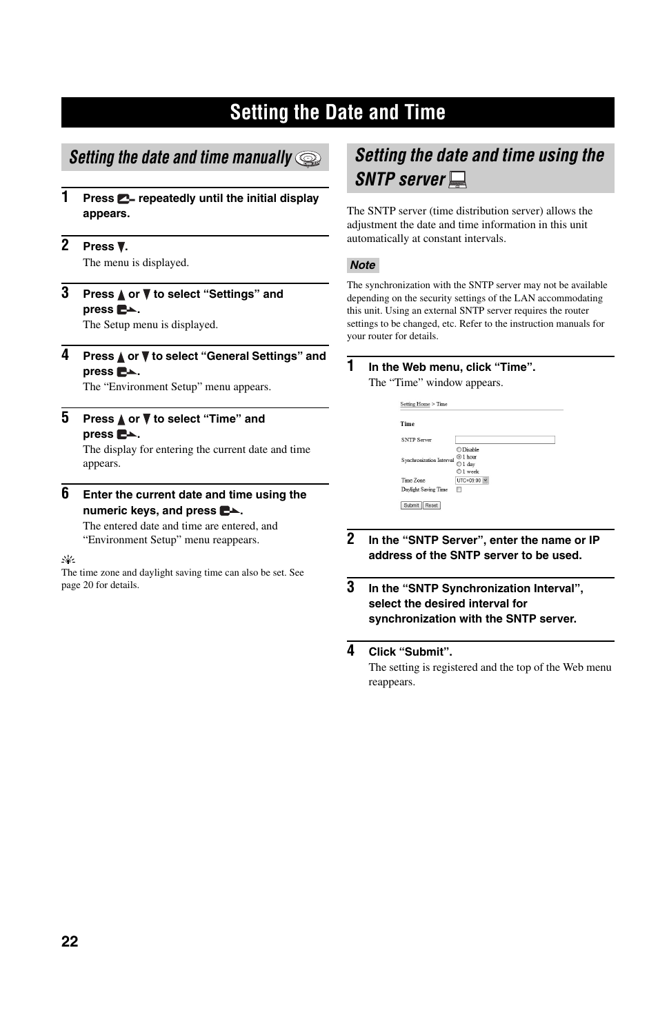 Setting the date and time, Setting the date and time manually, Setting the date and time using the sntp server | Yamaha PJP-50R User Manual | Page 27 / 53