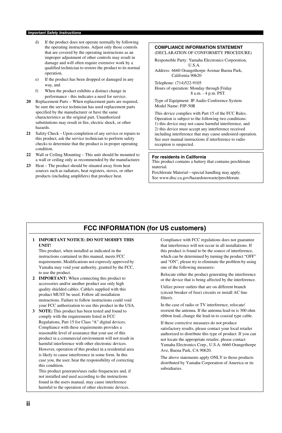 Fcc information (for us customers) | Yamaha PJP-50R User Manual | Page 3 / 53