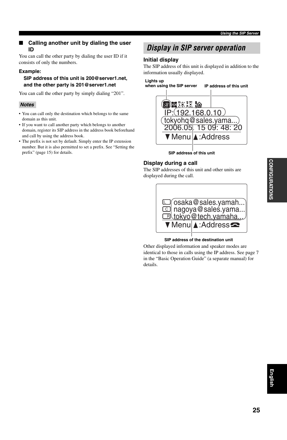 Calling another unit by dialing the user id, Display in sip server operation | Yamaha PJP-50R User Manual | Page 30 / 53