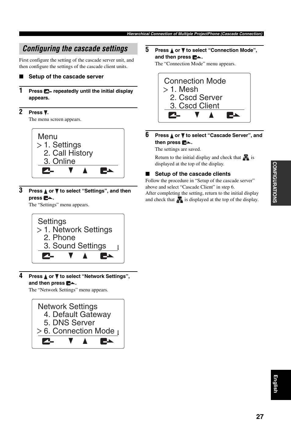 Configuring the cascade settings, Setup of the cascade server, Setup of the cascade clients | Yamaha PJP-50R User Manual | Page 32 / 53