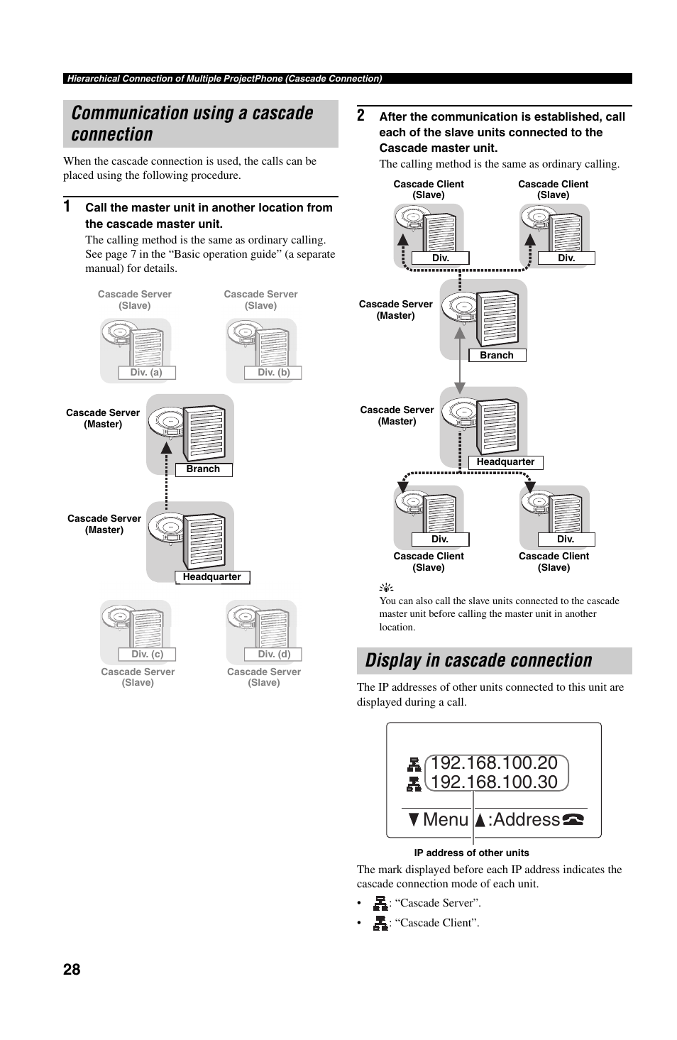 Communication using a cascade connection, Display in cascade connection | Yamaha PJP-50R User Manual | Page 33 / 53