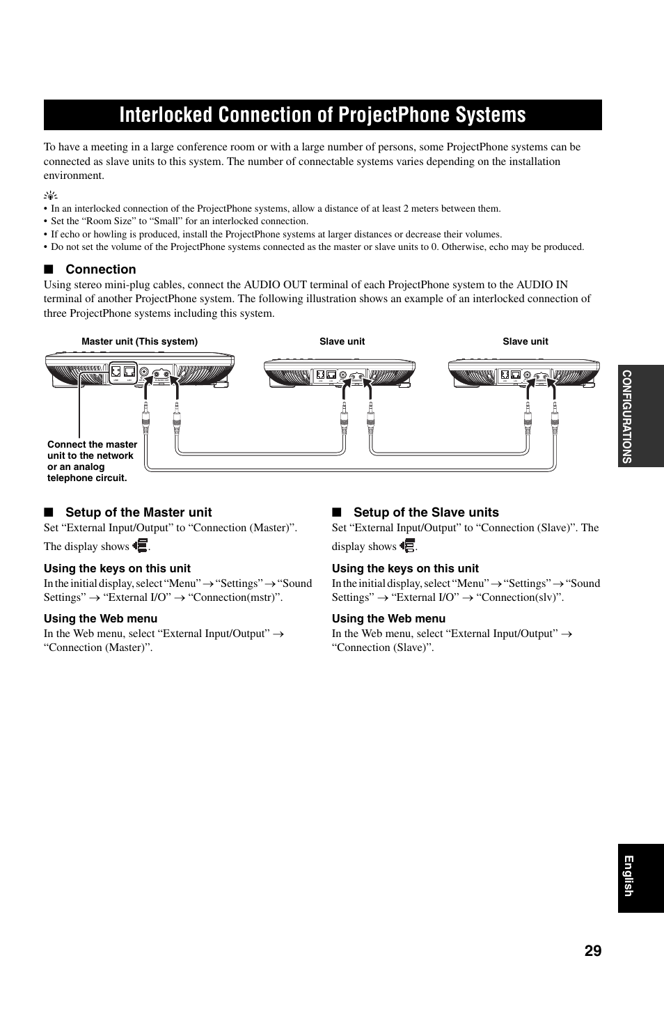 Interlocked connection of projectphone systems, Connection, Setup of the master unit | Setup of the slave units, Interlocked connection of, Projectphone systems | Yamaha PJP-50R User Manual | Page 34 / 53