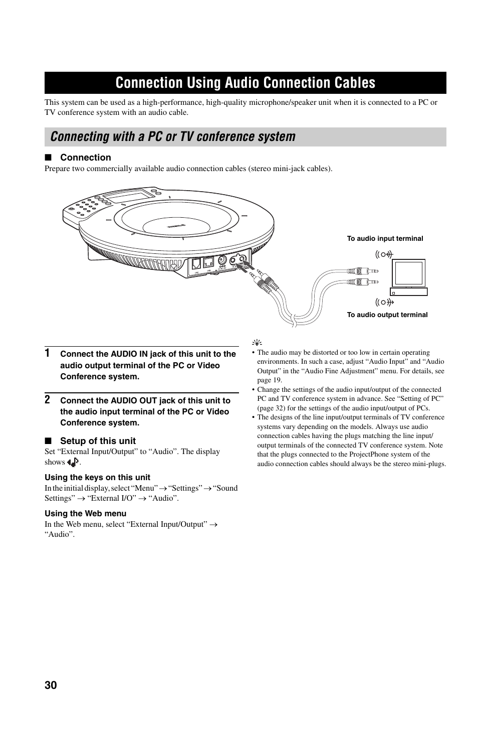 Connection using audio connection cables, Connecting with a pc or tv conference system, Connection | Setup of this unit | Yamaha PJP-50R User Manual | Page 35 / 53