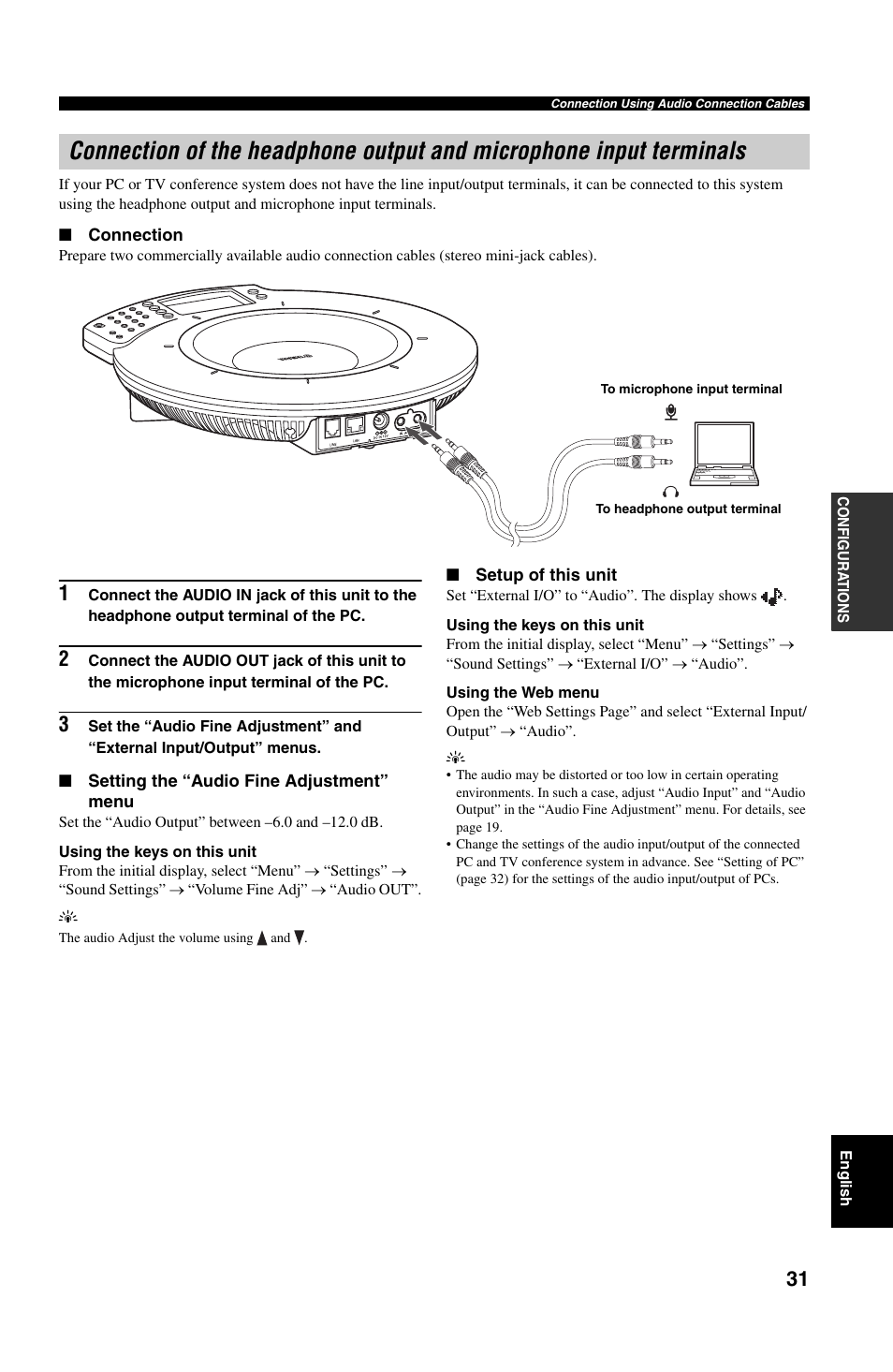 Connection, Setting the “audio fine adjustment” menu, Setup of this unit | Connection of the headphone output and, Microphone input terminals | Yamaha PJP-50R User Manual | Page 36 / 53