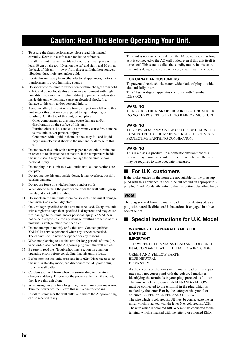 Caution: read this before operating your unit, For u.k. customers, Special instructions for u.k. model | Yamaha PJP-50R User Manual | Page 5 / 53