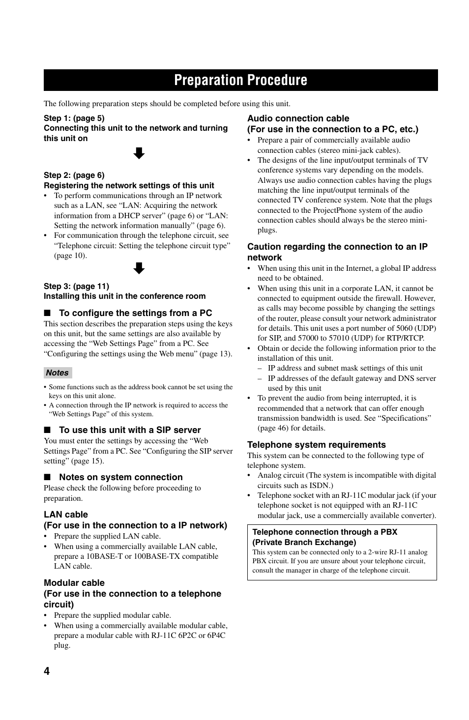 Preparation procedure, To configure the settings from a pc, To use this unit with a sip server | Notes on system connection | Yamaha PJP-50R User Manual | Page 9 / 53