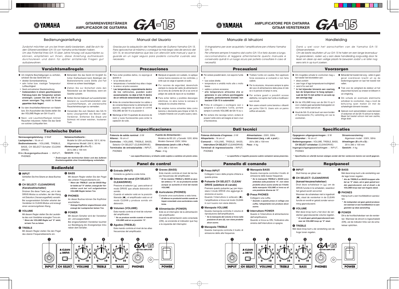 Vorsichtsmaßregeln, Bedienfeld technische daten, Precauciones | Panel de control especificaciones, Precauzioni, Pannello di comando dati tecnici, Voorzorgen, Regelpaneel specificaties | Yamaha GA-15 User Manual | Page 2 / 2