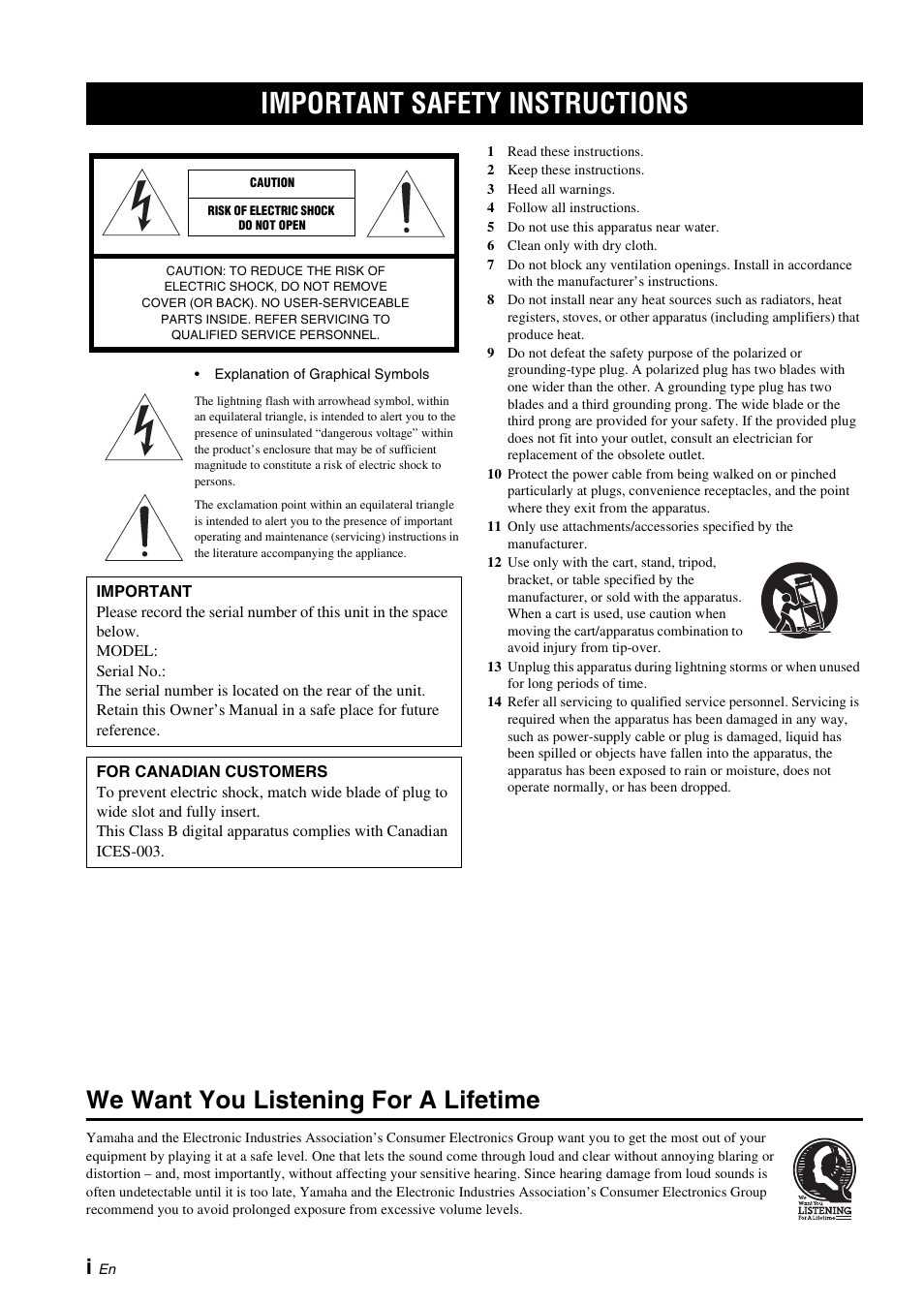 English, Important safety instructions, We want you listening for a lifetime | Yamaha A-S700 User Manual | Page 2 / 22
